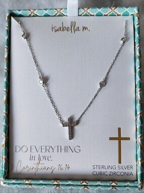 Sterling Silver Cross Satellite Fixed Pendant Necklace with Cubic Zirconias NEW!